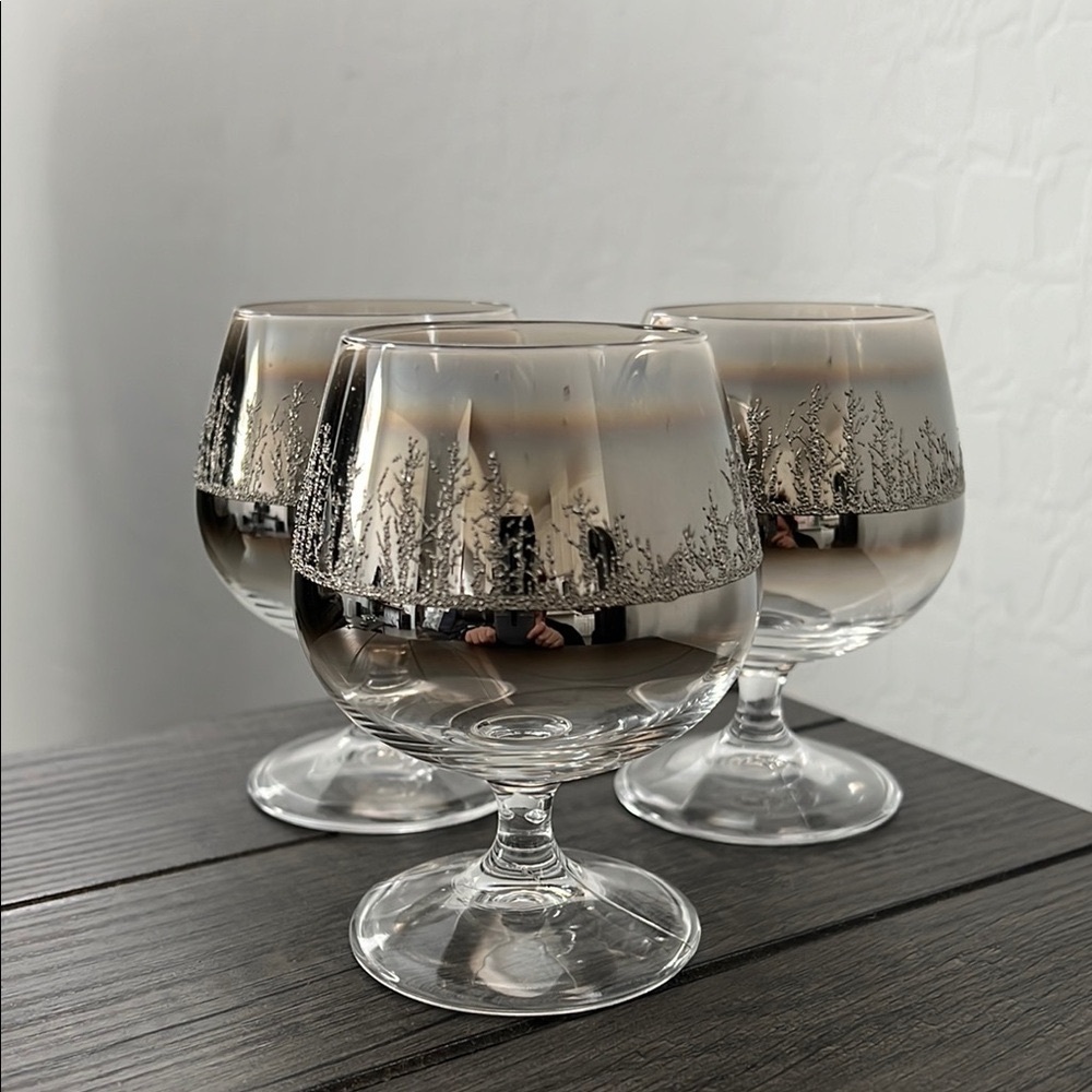 Vintage MCM 1950's Platinum Ombre Fade Snifter Glasses Raised Design (Set of 3)